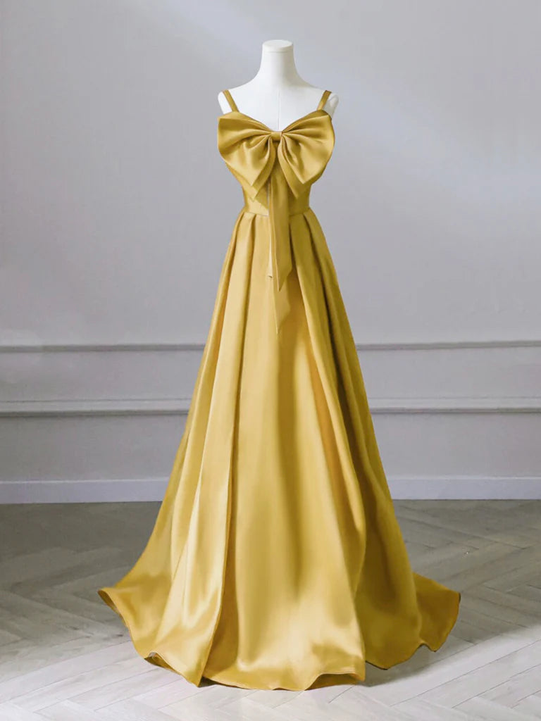 A-Line Sweetheart Neck Satin Yellow Long Prom Dress