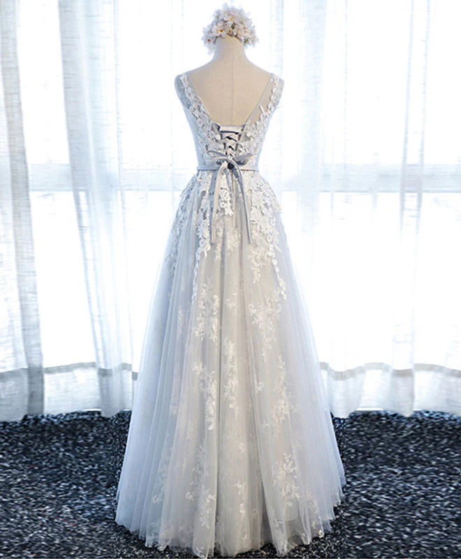 Round Neck Tulle Lace Applique Long Prom Dress