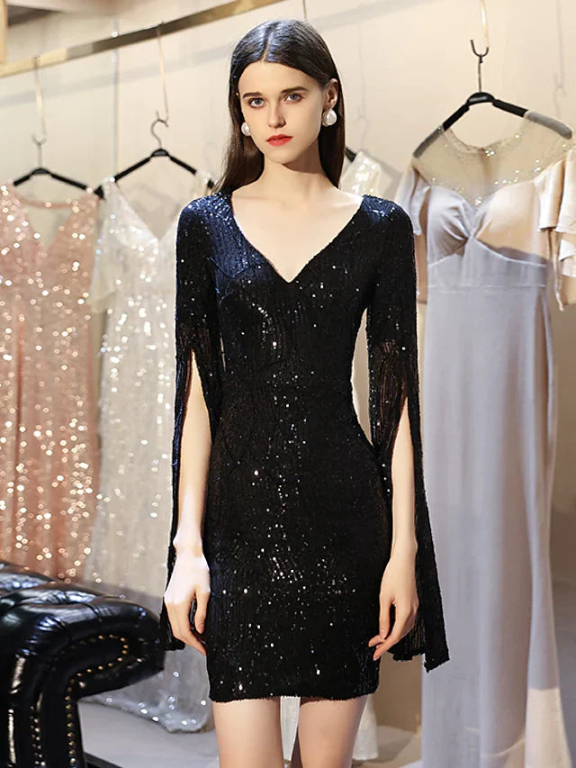 DingjiSparkle Elegant Homecoming Cocktail Party Dress V Neck Long Sleeve Short Mini Sequined with Sequin Split