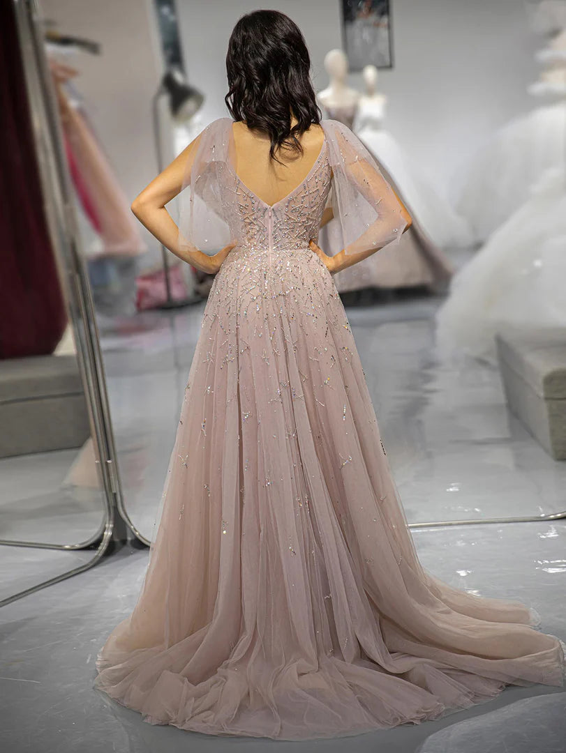 Champagne Beaded Prom Dress with Tulle Bows
