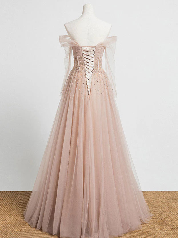 Tulle Beads Long Prom Dress Champagne Evening Dress
