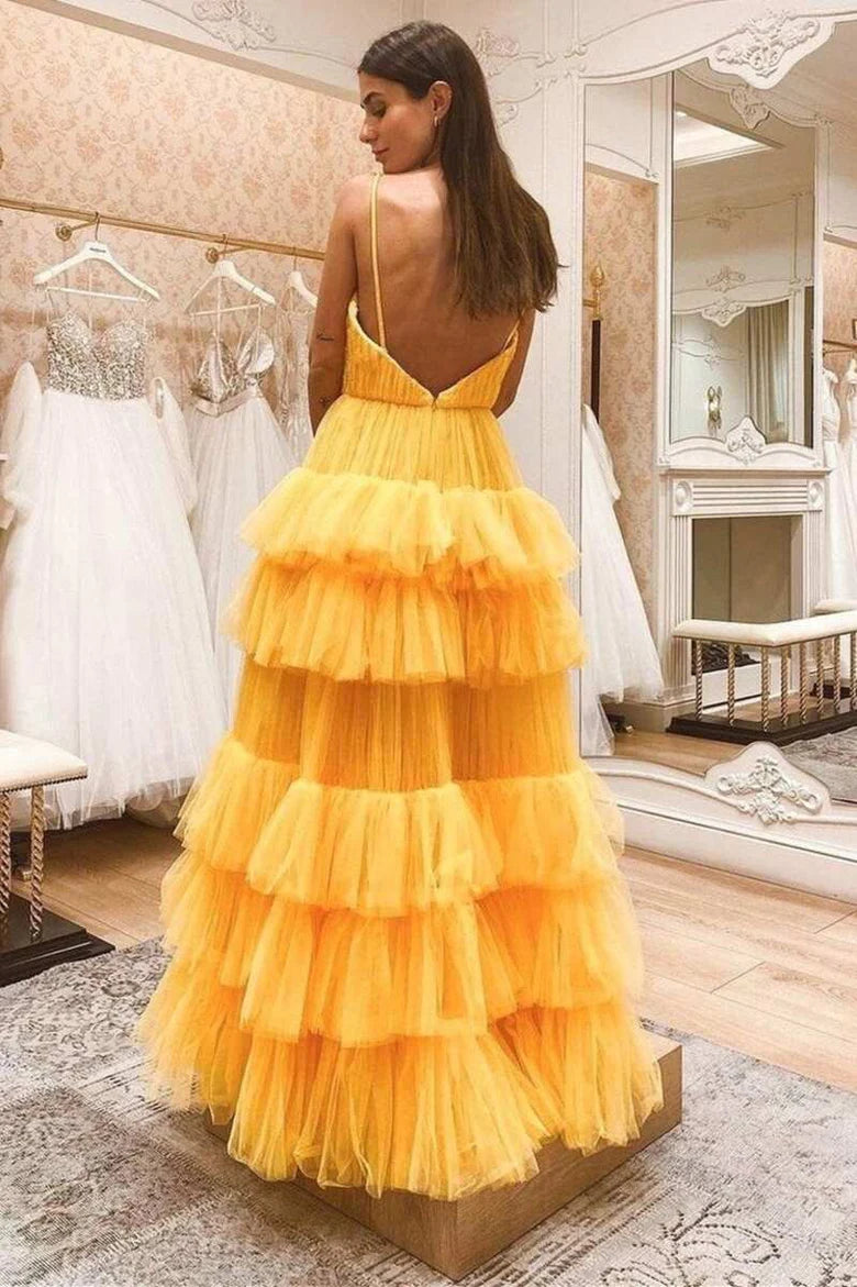 Yellow Tulle Straps Backless Long Prom Dress