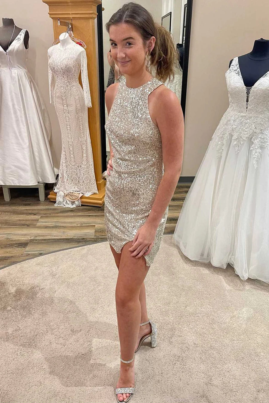 Sequin Halter Open Back Short Party Dress