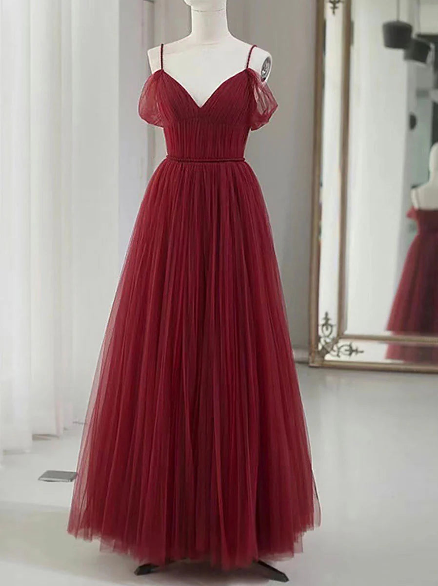 V neck Tulle Burgundy Long Prom Dress Burgundy Tulle Formal Dresses