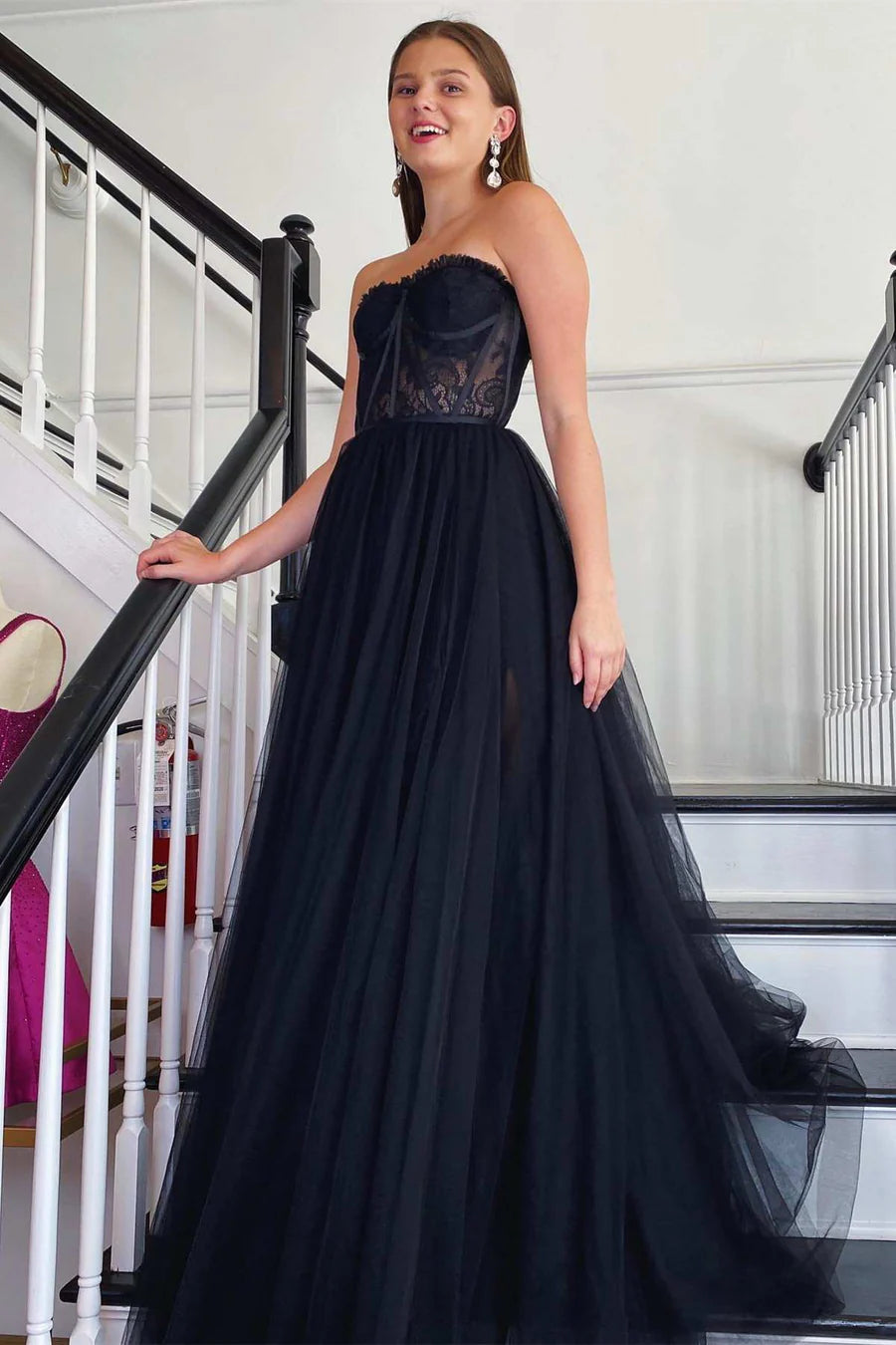 Tulle Strapless A-Line Long Prom Dress