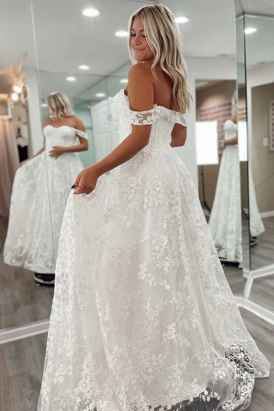 Floral Lace Off-the-Shoulder A-Line Bridal Gown