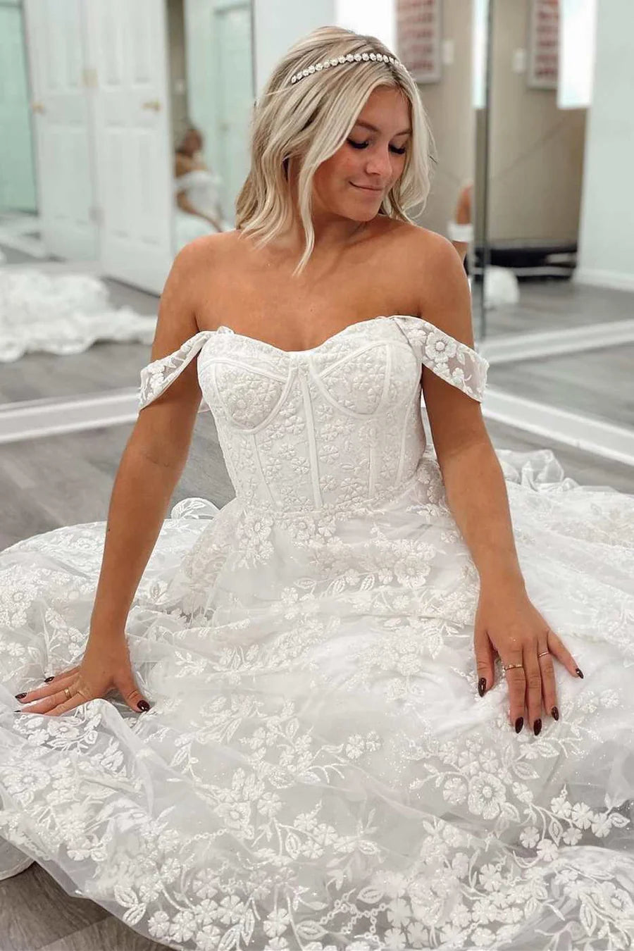 Floral Lace Off-the-Shoulder A-Line Bridal Gown