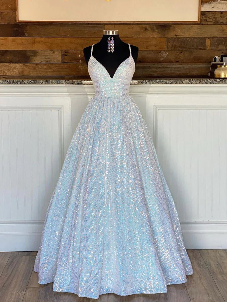 Simple v neck sequin long prom dress sequin evening dress