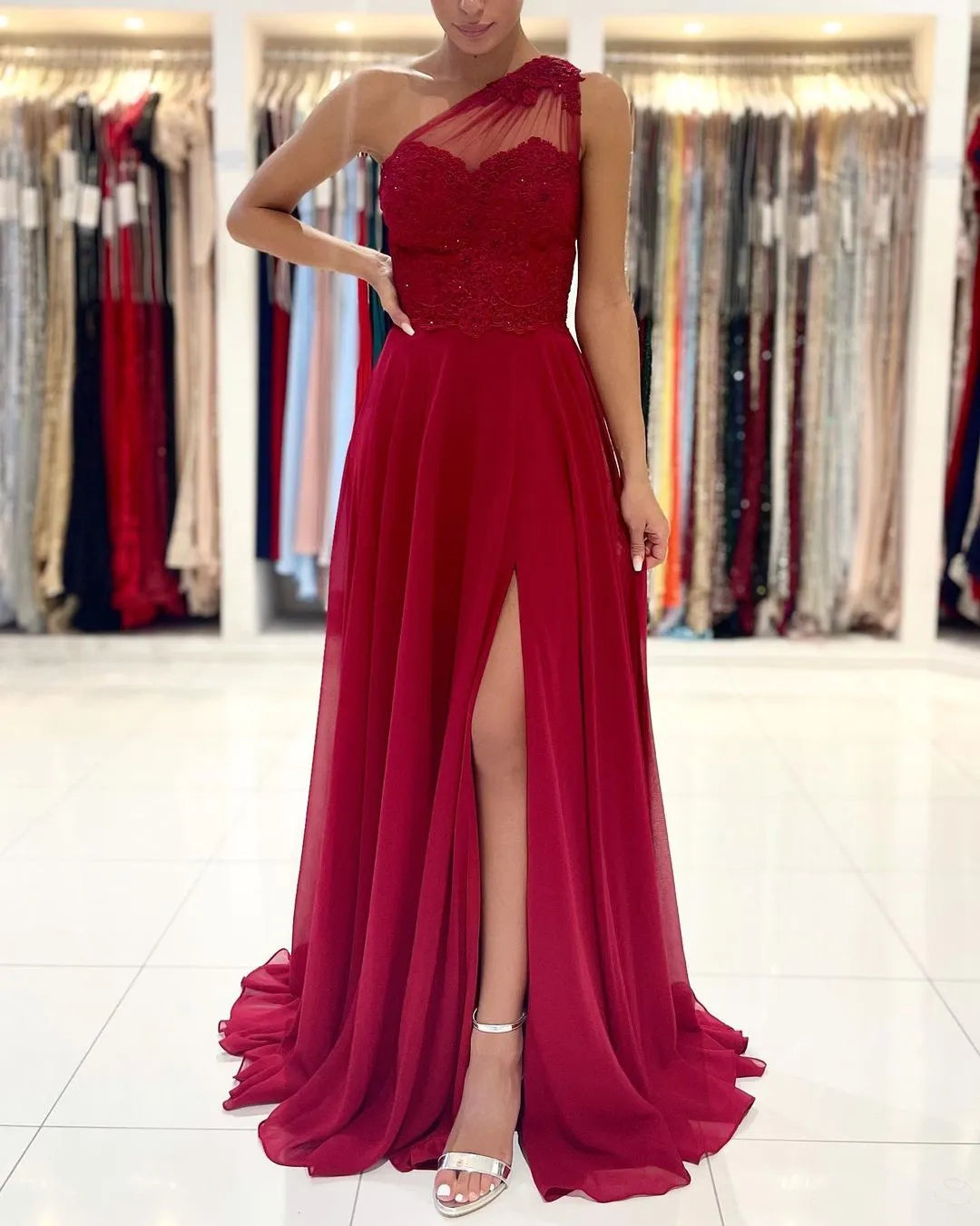 Long One Shoulder Appliques Lace Chiffon Ruffles Split A-Line Prom Dress