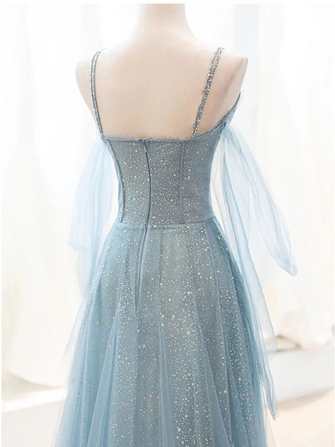 V Neck Tulle Sequin Long Prom Dress Blue Evening Dress