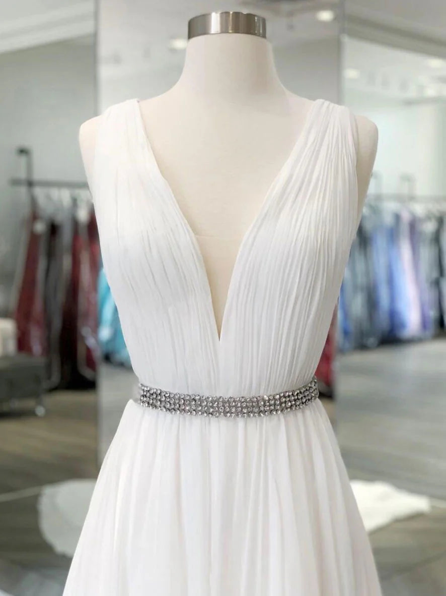 White v neck chiffon long prom dress white lace evening dress