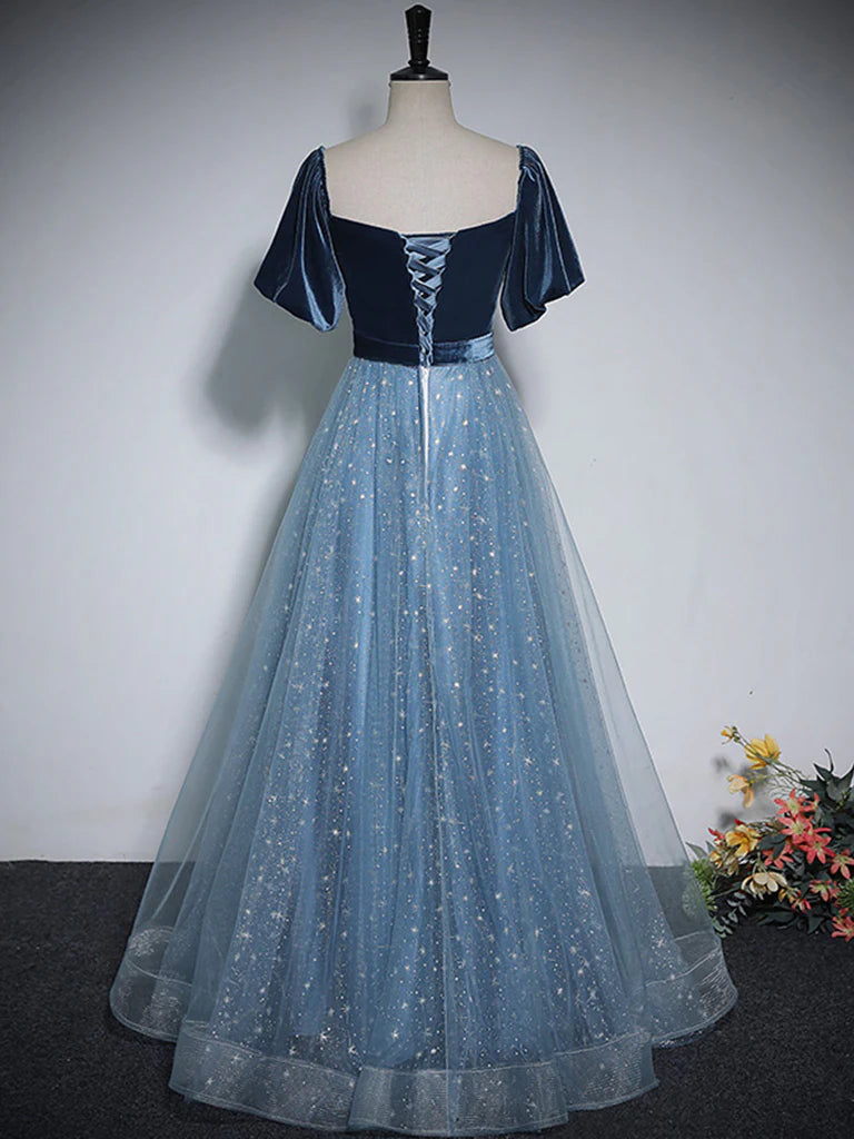 A-Line Tulle Velvet Blue Long Prom Dress
