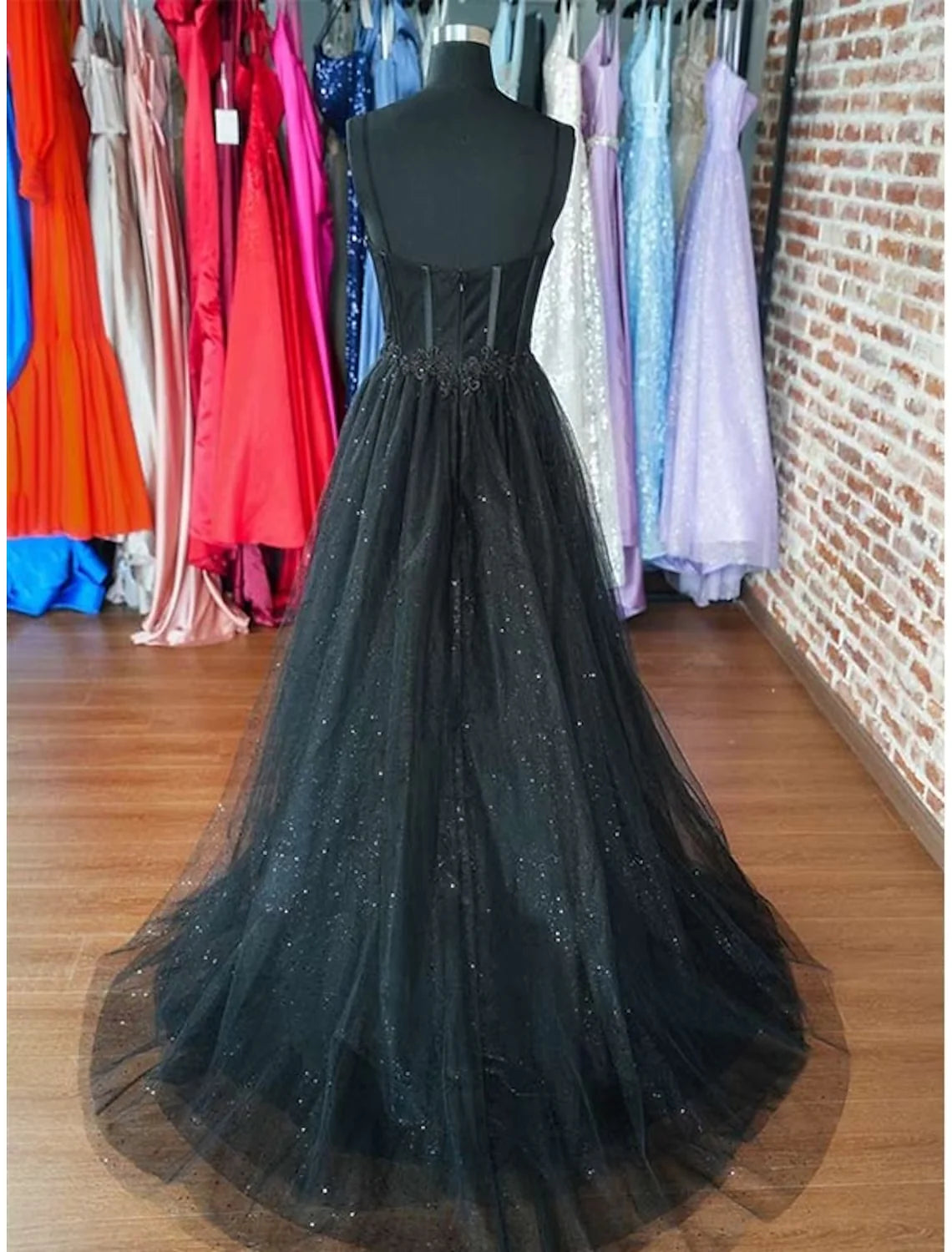DingjiA-Line Prom Dresses Glitter Formal Gothic Dress Graduation Floor Length Sleeveless Sweetheart Spaghetti Tulle with Slit