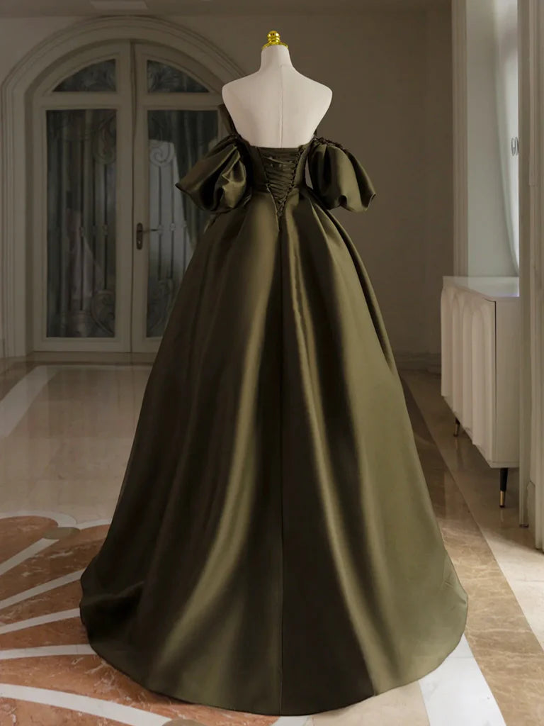 A-Line Puff Sleeves Olive Green Satin Long Prom Dress