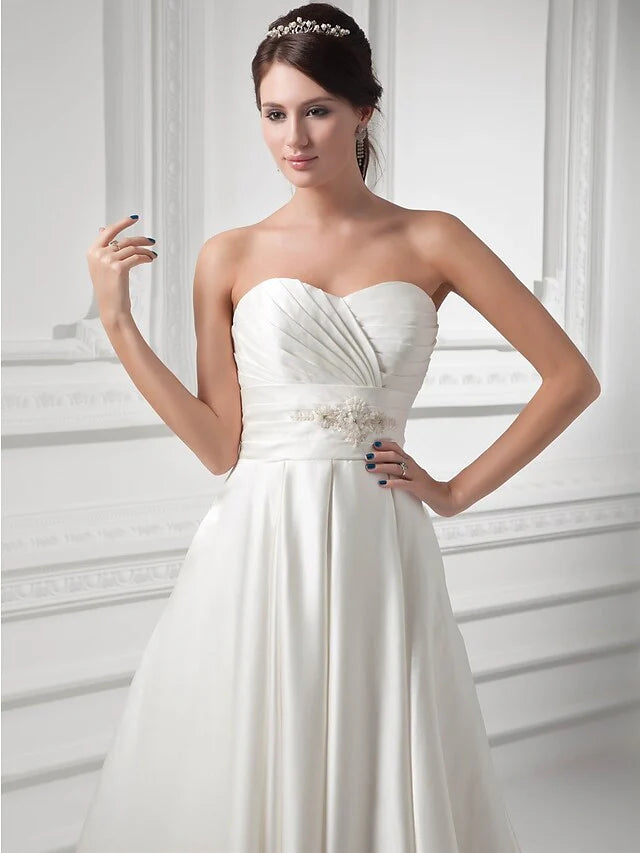 DingjiA-Line Wedding Dresses Sweetheart Neckline Court Train Satin Strapless with Buttons Ruched Beading