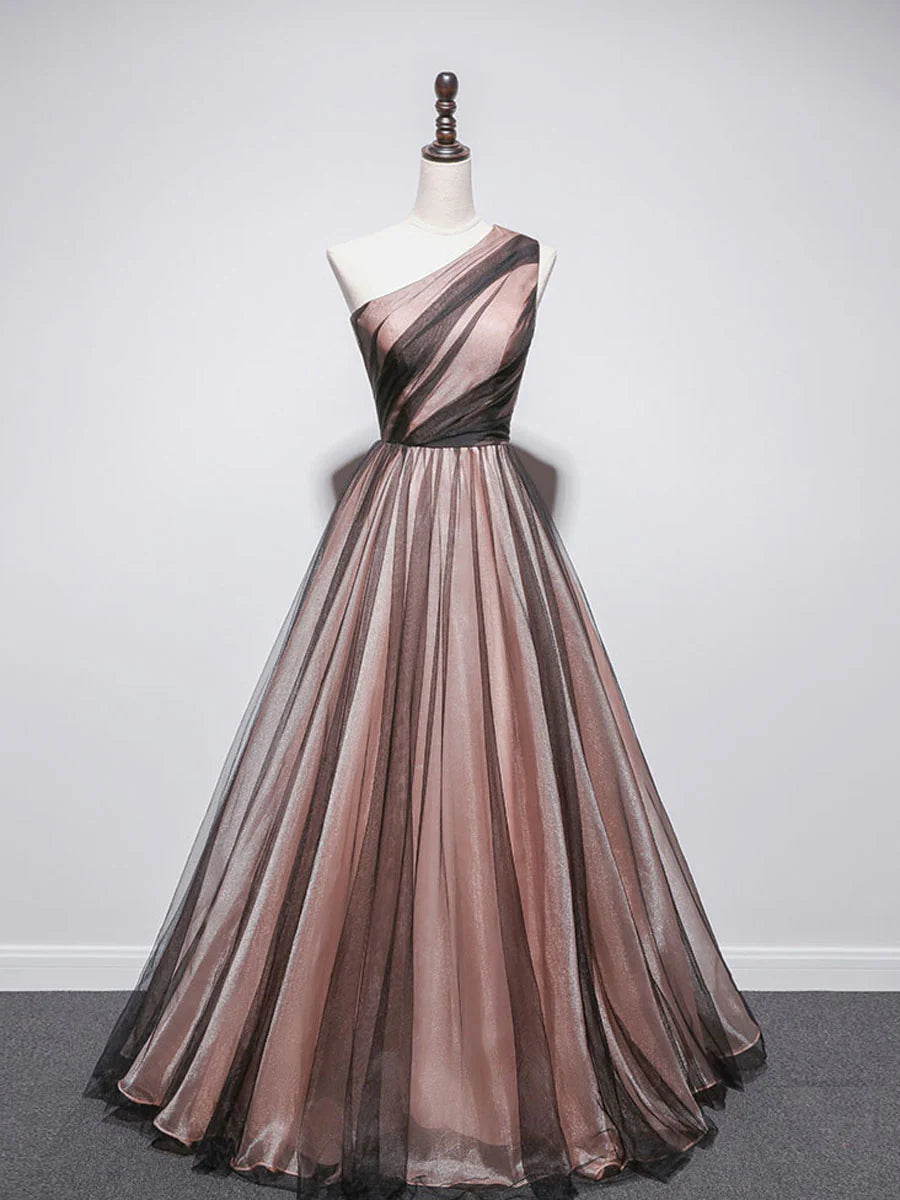 One Shoulder Tulle Long Prom Dresses A line Tulle Evening Dress