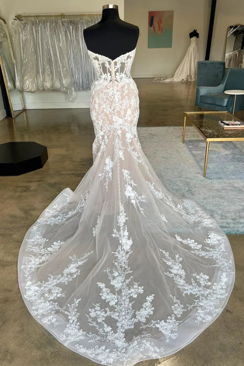 Strapless Floral Lace Trumpet Long Bridal Gown