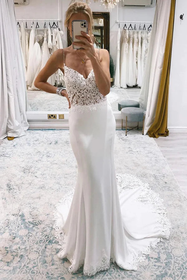 Mermaid V Neck White Satin Lace Wedding Dresses with Train