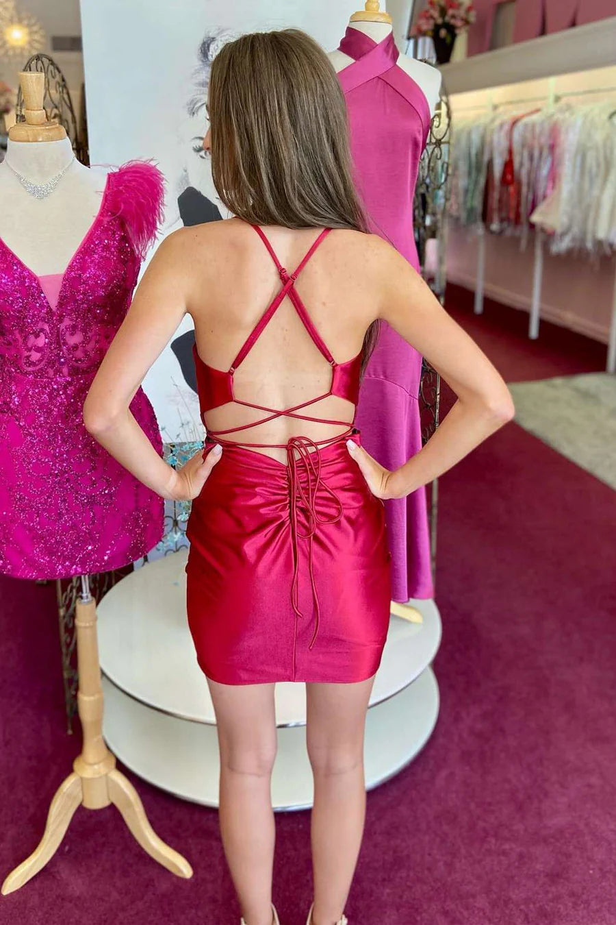 V-Neck Lace-Up Short Party Dress