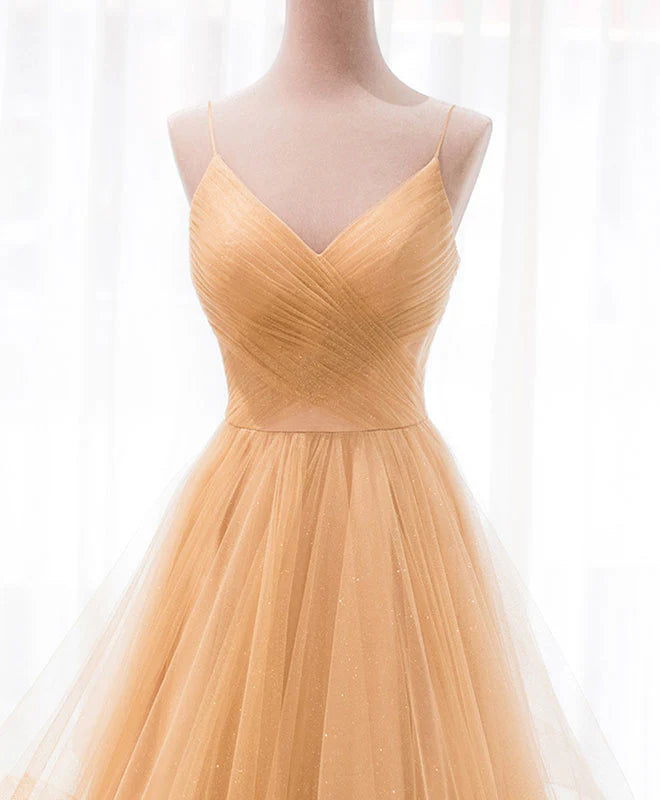 V Neck Tulle A-Line Long Prom Dress Tulle Formal Dress