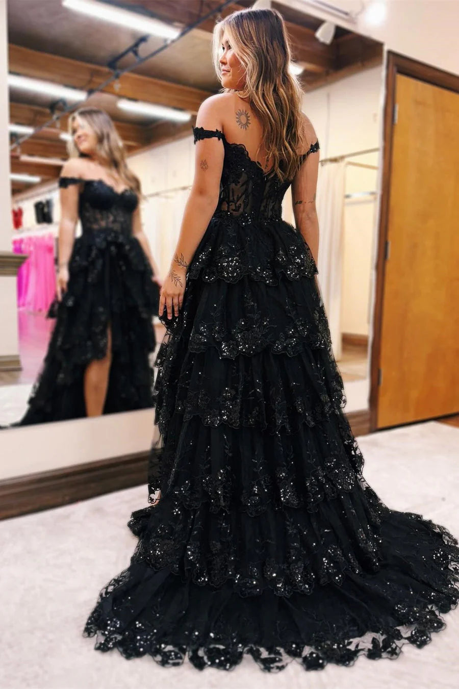 Black Tulle Appliques Off-the-Shoulder Ruffle Long Prom Dress