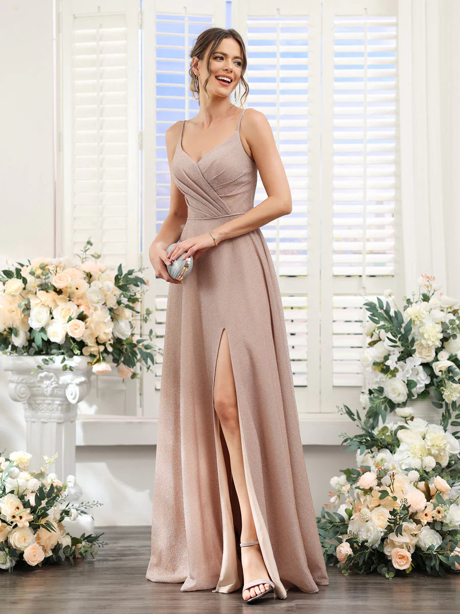A-Line V-Neck Metallic Lurex Long Prom Dresses With Spaghetti Straps