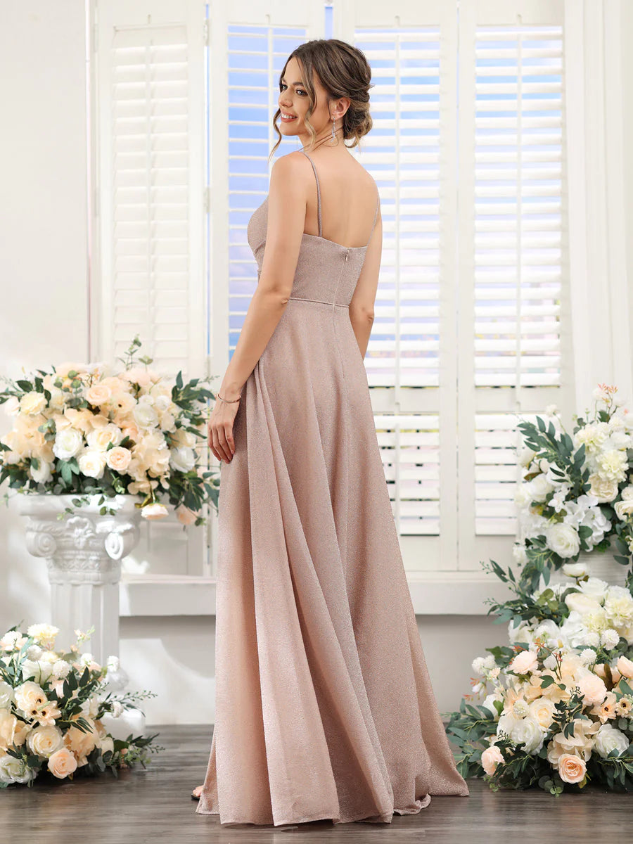 A-Line V-Neck Metallic Lurex Long Prom Dresses With Spaghetti Straps