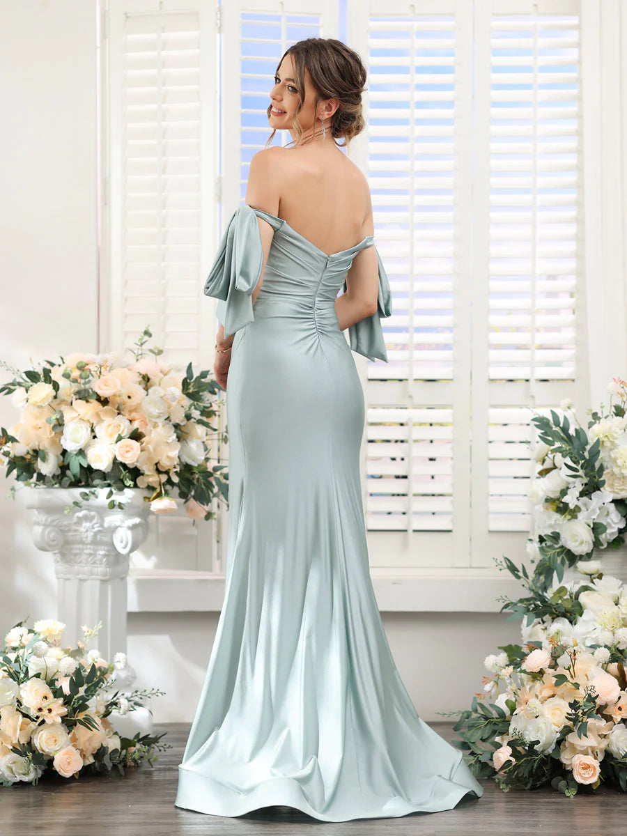 Mermaid Off-The-Shoulder Sleeveless Split Side Silk Satin Prom Dresses