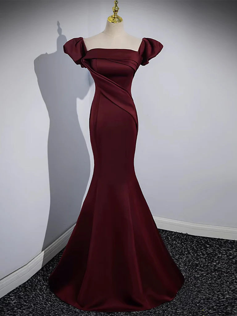 off Shoulder Satin Burgundy Long Prom Dress Burgundy Formal Dress