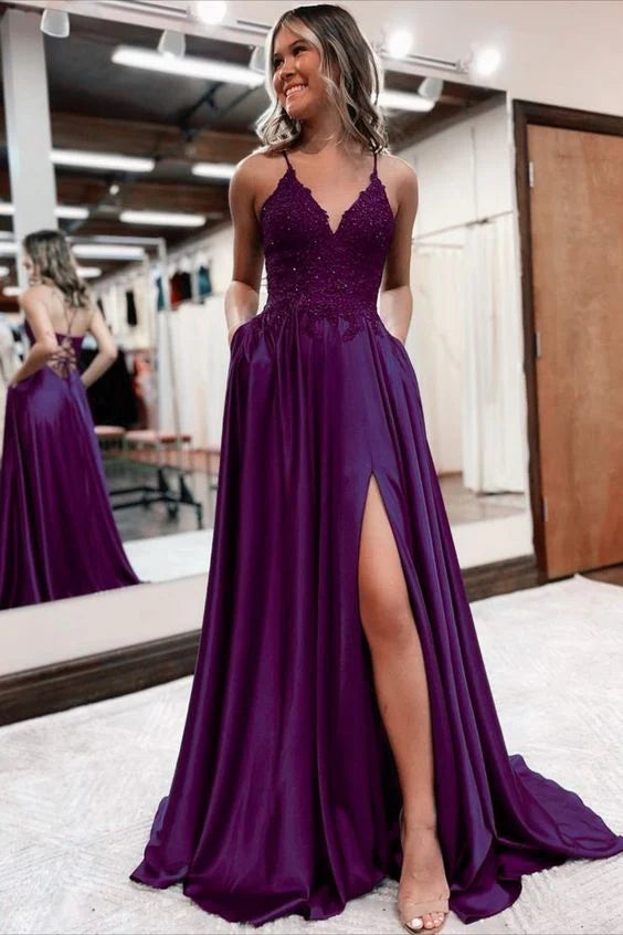 Elegant long  satin prom dresses v-neck split formal gown with lace appliques