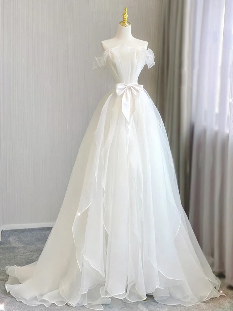 A-Line Organza White Long Prom Dress White Long Formal Dress
