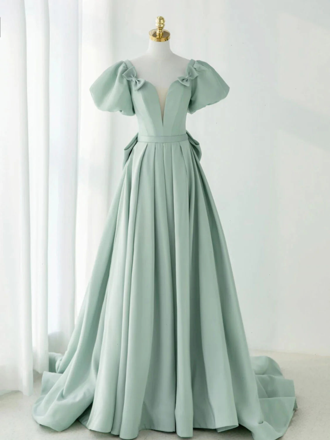 A-Line Puff Sleeves Green Long Prom Dress Green Formal Dress