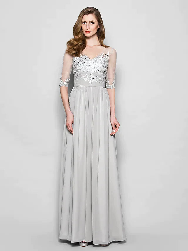 A-Line Mother of the Bride Dress V Neck Floor Length Chiffon Tulle Half Sleeve with Ruched Beading Sequin