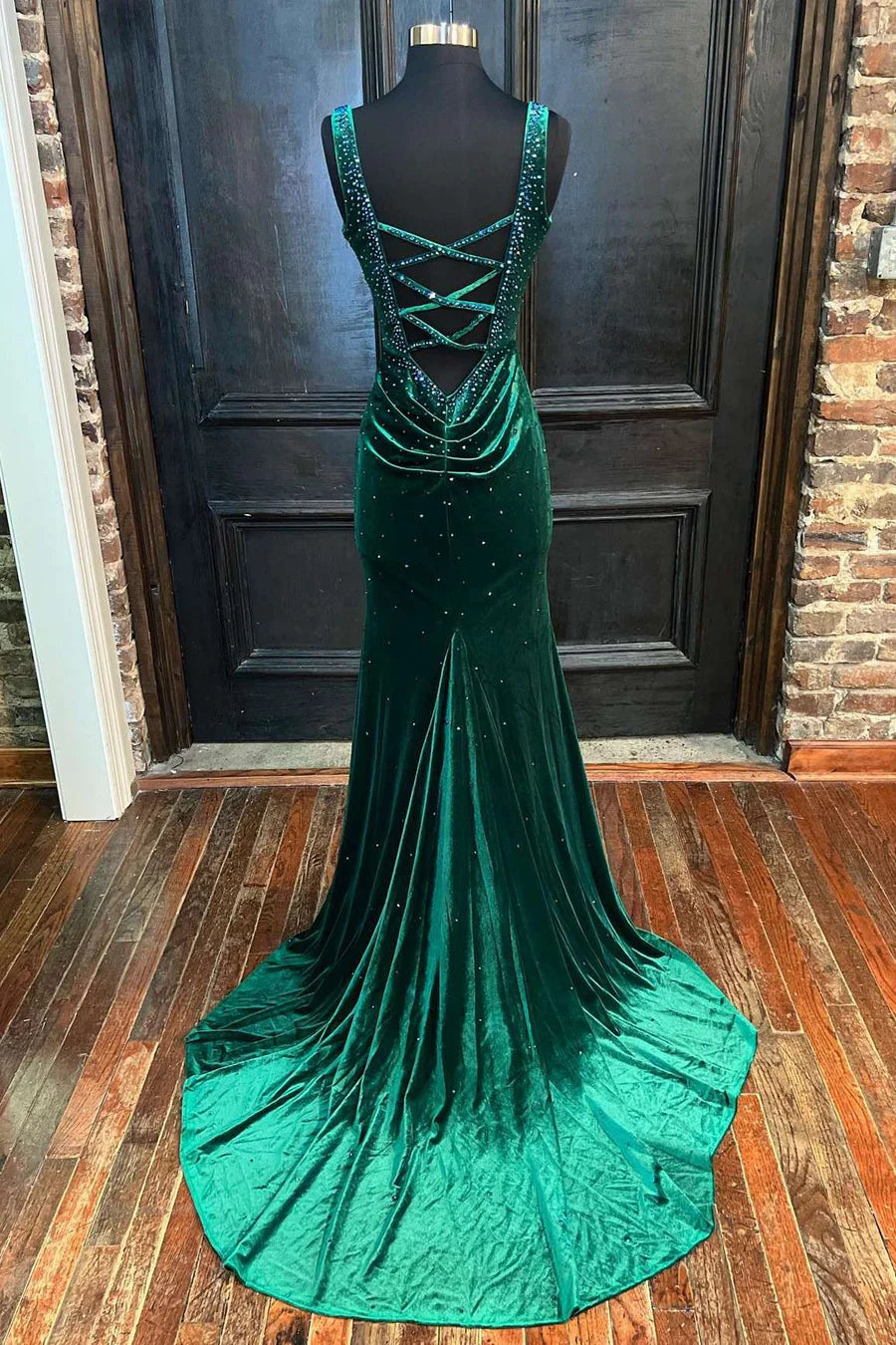 Velvet V-Neck Cutout Back Mermaid Long Formal Dress
