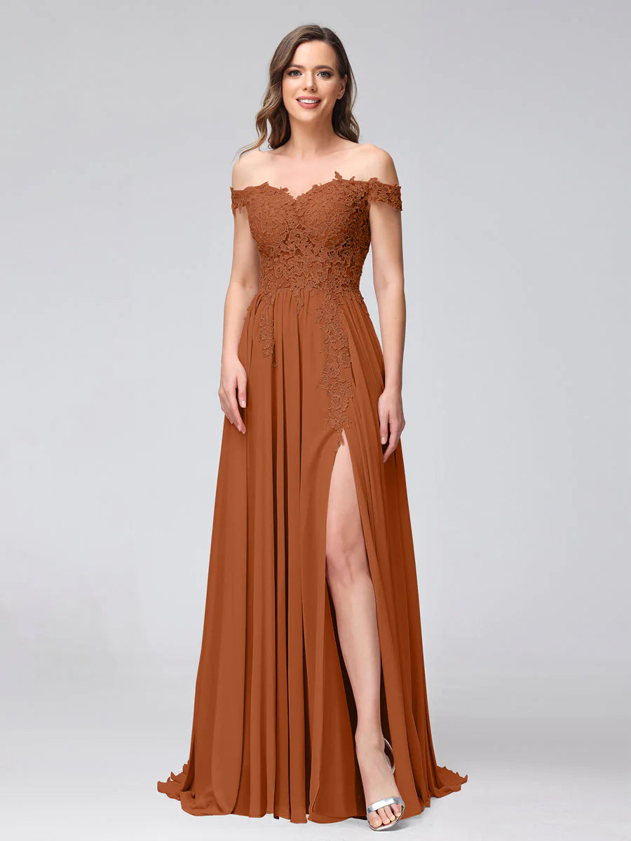 A-Line Off-The-Shoulder Sleeveless Appliqued Chiffon Long Bridesmaid Dresses With Side Slit