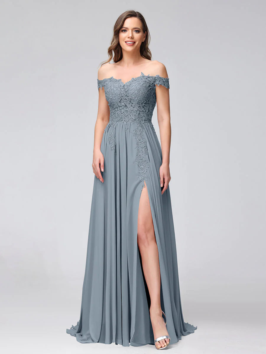 A-Line Off-The-Shoulder Sleeveless Appliqued Chiffon Long Bridesmaid Dresses With Side Slit