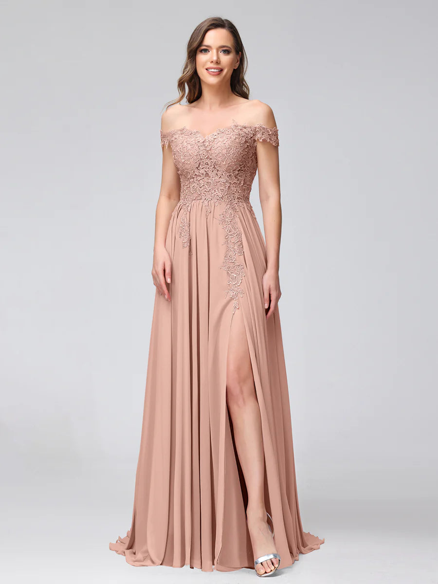 A-Line Off-The-Shoulder Sleeveless Appliqued Chiffon Long Bridesmaid Dresses With Side Slit