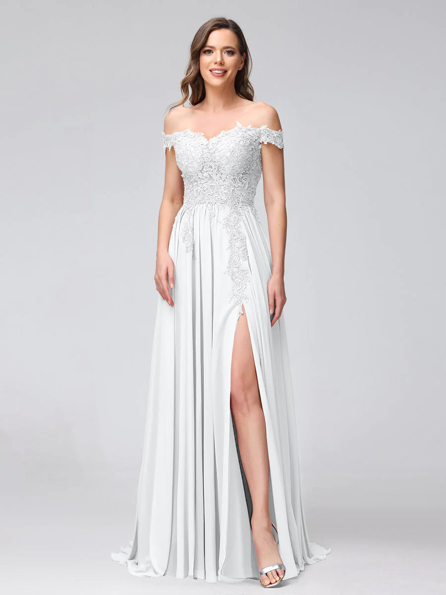 A-Line Off-The-Shoulder Sleeveless Appliqued Chiffon Long Bridesmaid Dresses With Side Slit