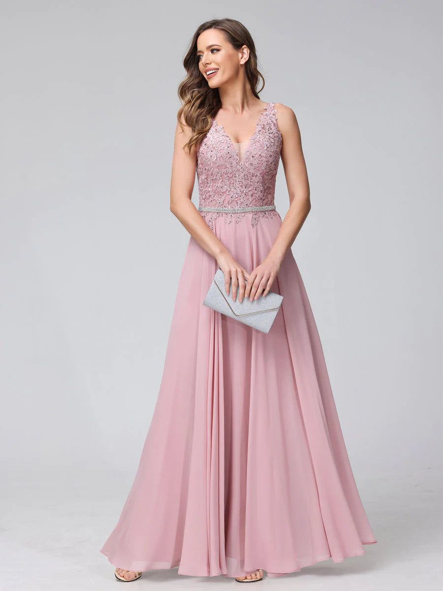A-Line V-Neck Sleeveless Long Chiffon Dresses With Lace Appliques