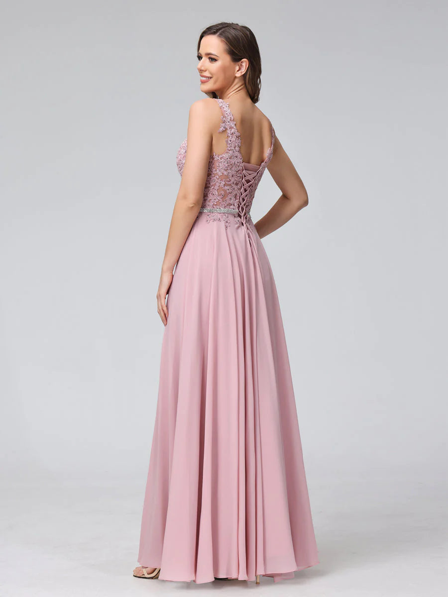 A-Line V-Neck Sleeveless Long Chiffon Dresses With Lace Appliques