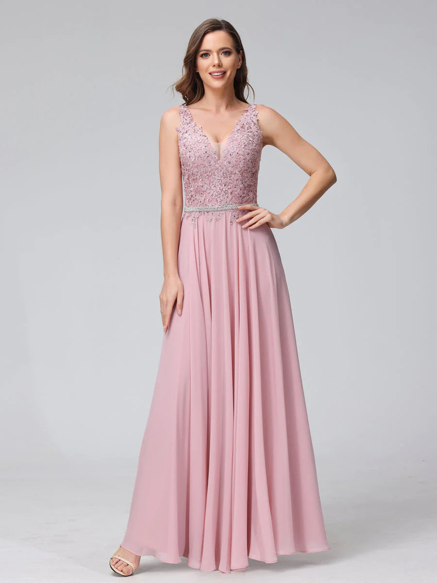 A-Line V-Neck Sleeveless Long Chiffon Dresses With Lace Appliques
