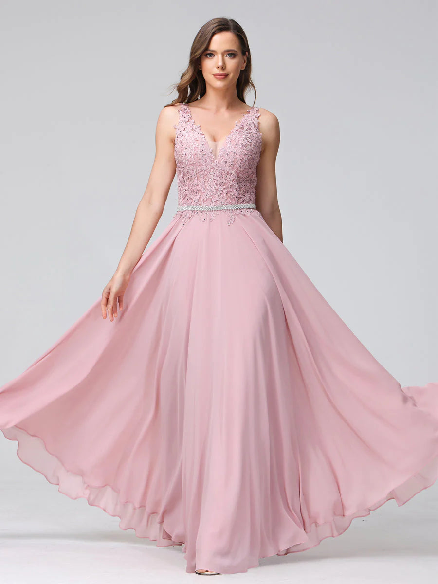 A-Line V-Neck Sleeveless Long Chiffon Dresses With Lace Appliques