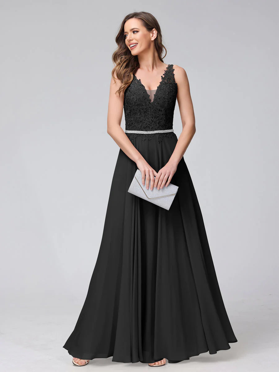 A-Line V-Neck Sleeveless Long Chiffon Dresses With Lace Appliques