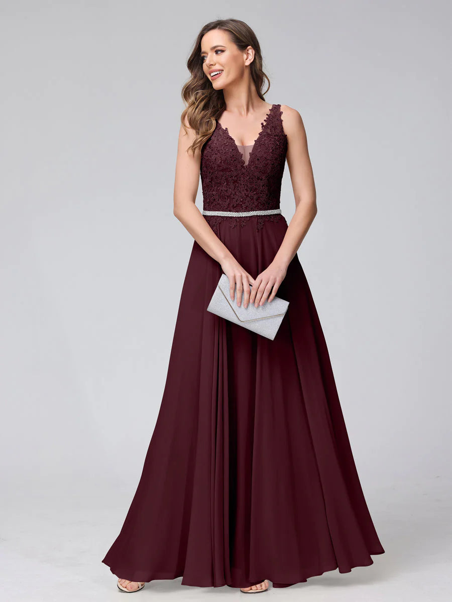 A-Line V-Neck Sleeveless Long Chiffon Dresses With Lace Appliques