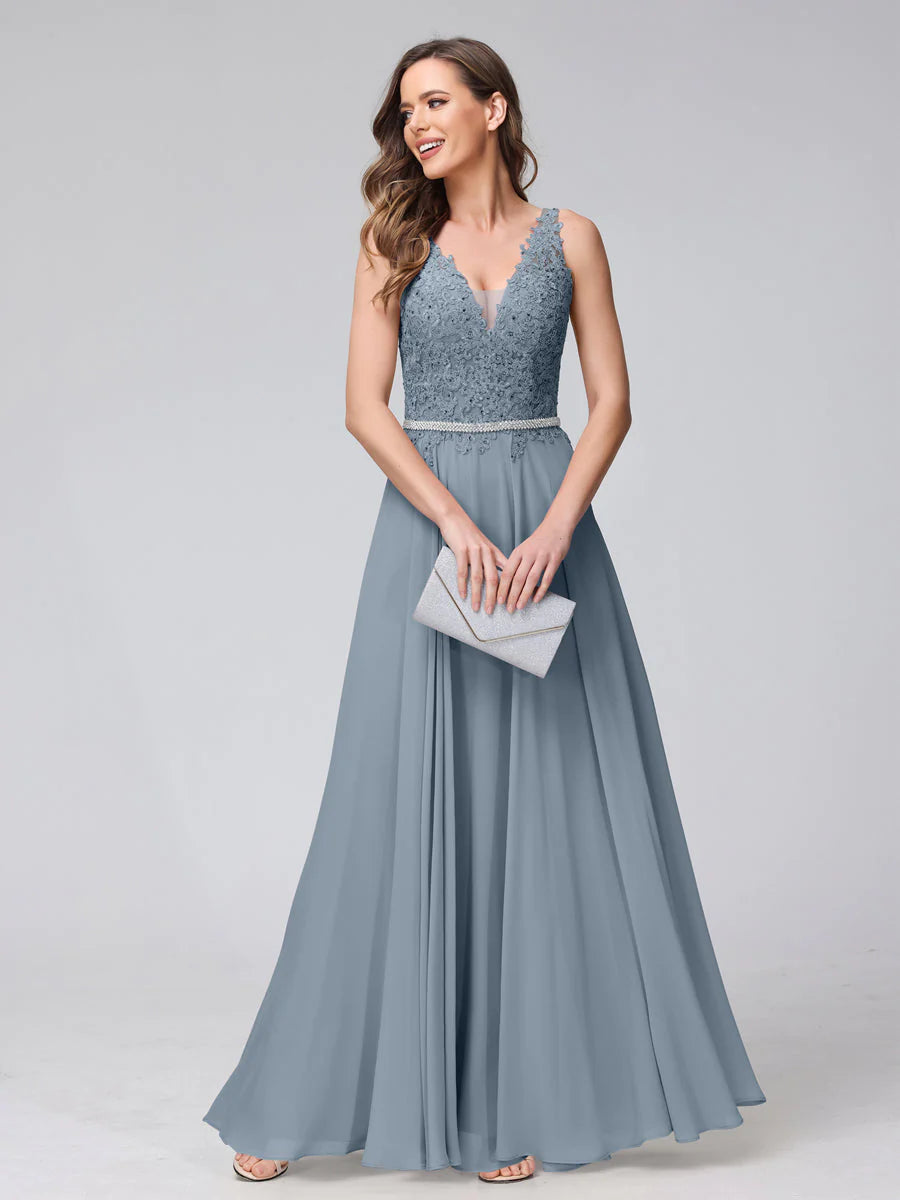 A-Line V-Neck Sleeveless Long Chiffon Dresses With Lace Appliques