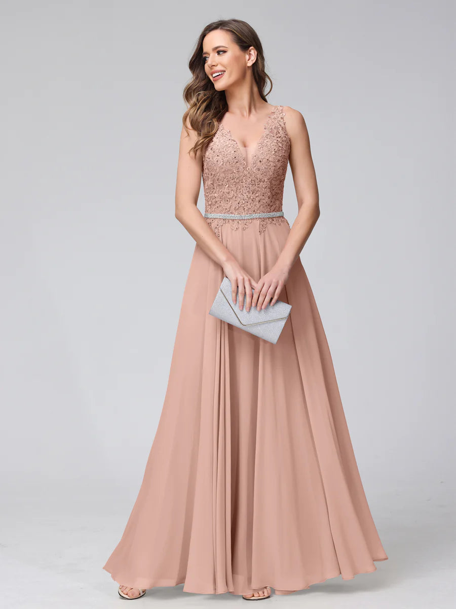 A-Line V-Neck Sleeveless Long Chiffon Dresses With Lace Appliques