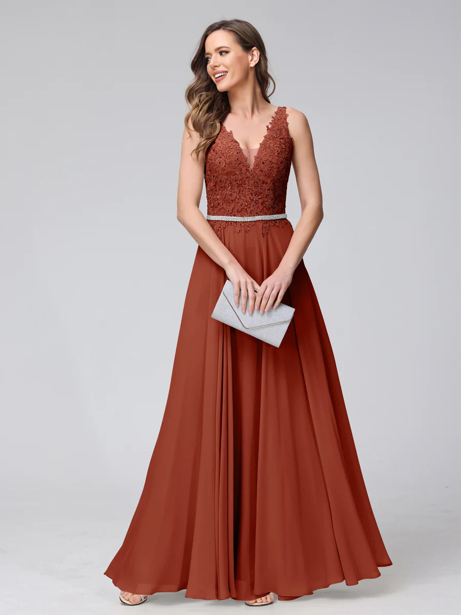 A-Line V-Neck Sleeveless Long Chiffon Dresses With Lace Appliques