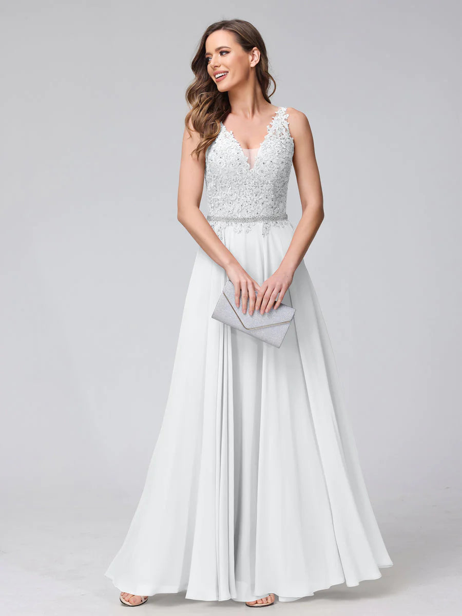 A-Line V-Neck Sleeveless Long Chiffon Dresses With Lace Appliques