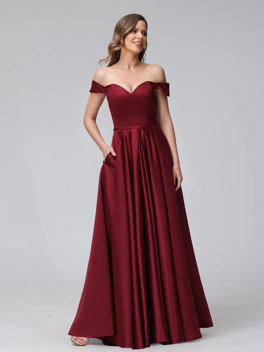 A-Line Off-The-Shoulder Sweetheart Satin Maxi Dresses With Pockets
