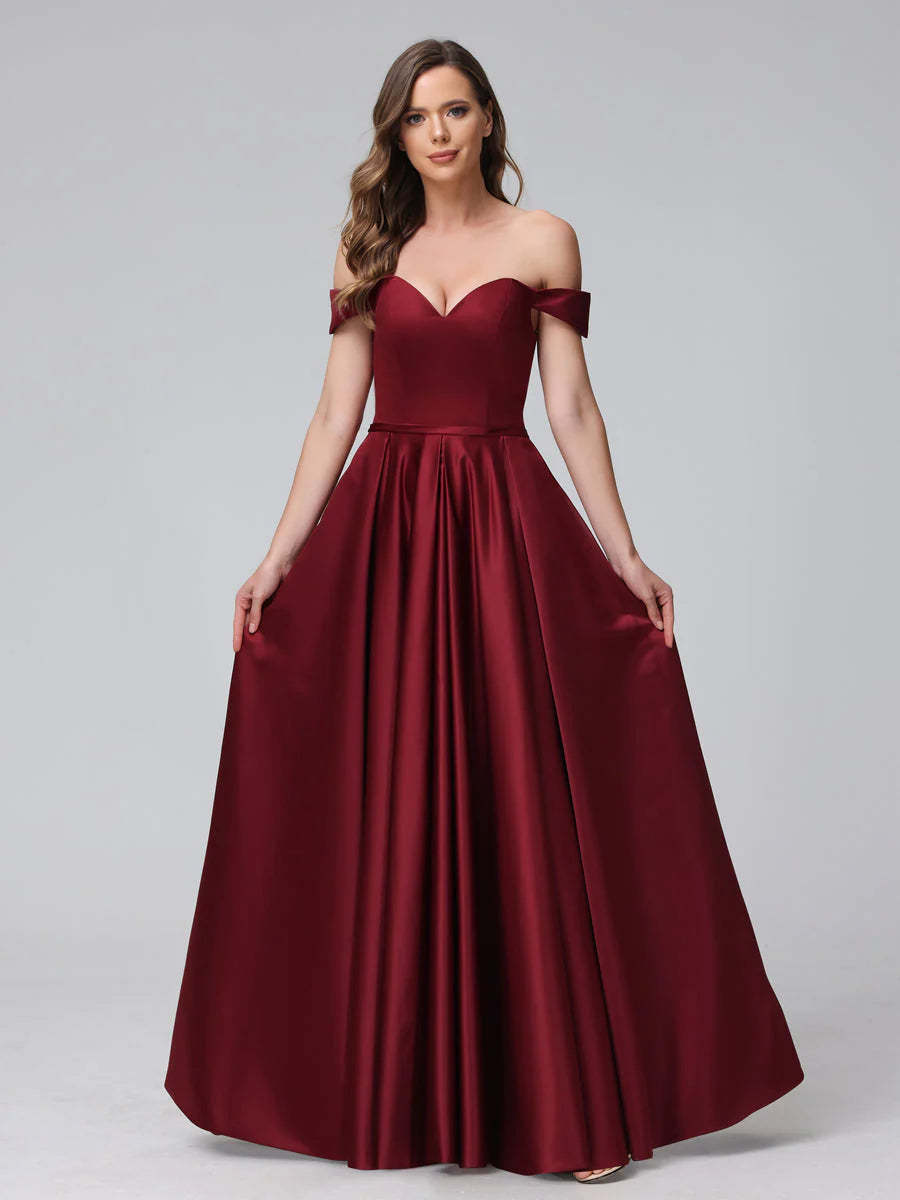 A-Line Off-The-Shoulder Sweetheart Satin Maxi Dresses With Pockets
